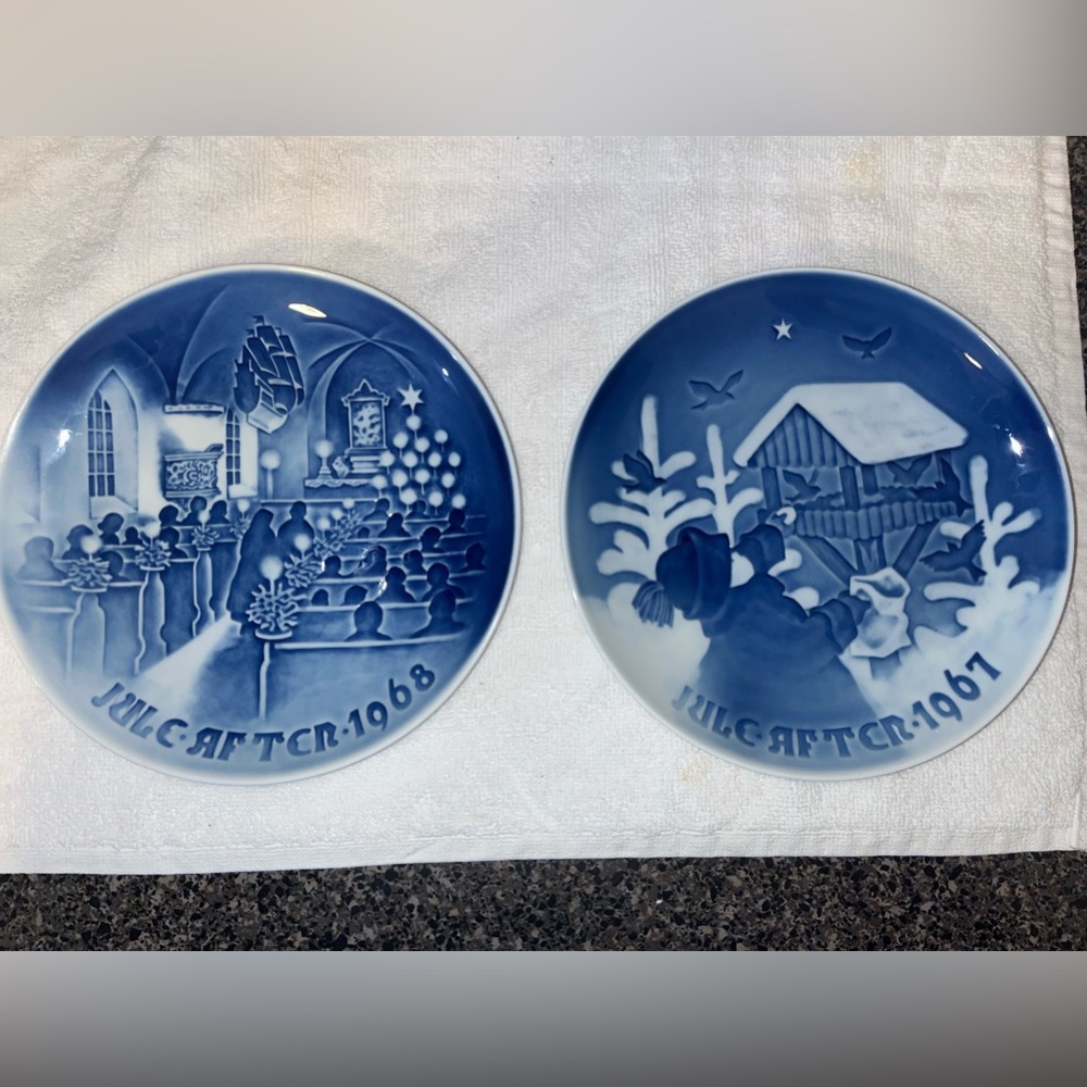 Bing & Grondahl Christmas Plates 67 “fuglenes Jul” & 68 “Christmas in Church”
